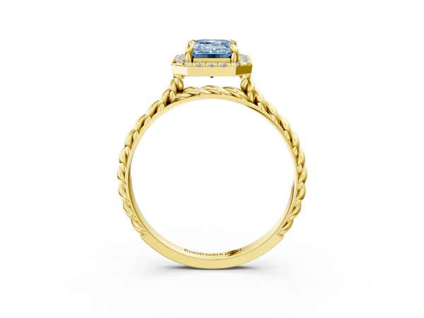 Yellow gold Fancy Blue Emerald  Halo Twisted Band Four-Prong Diamond Ring