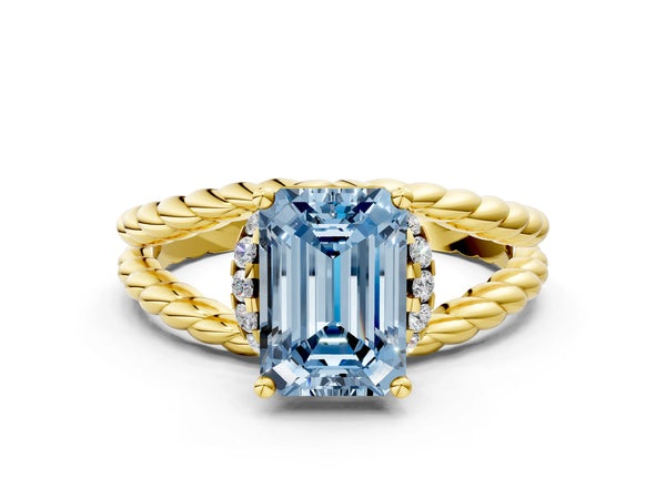Yellow gold Fancy Blue Emerald  Halo Twisted Band Four-Prong Ring