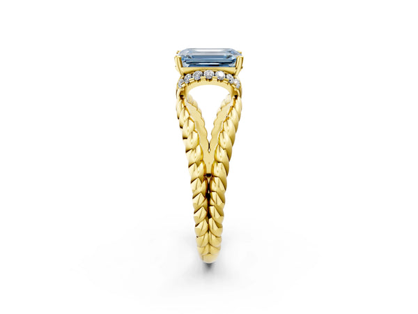 Yellow gold Fancy Blue Emerald  Halo Twisted Band Four-Prong Ring