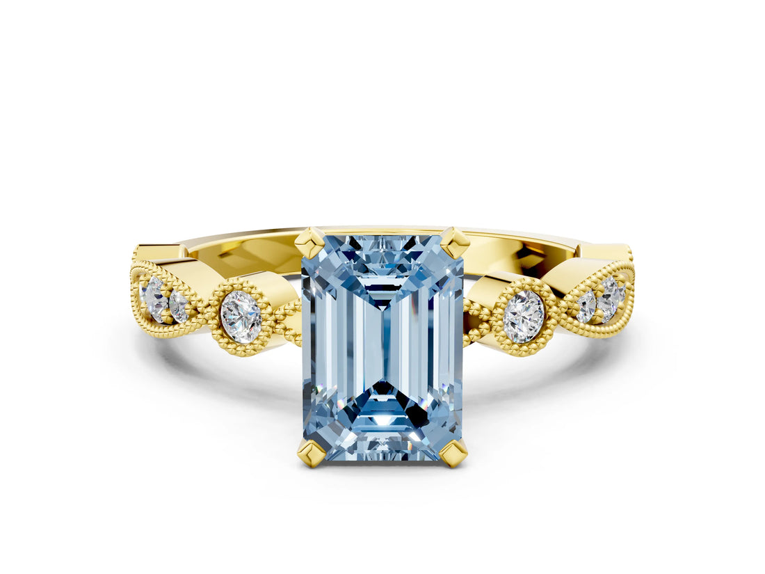 Yellow gold Fancy Blue Emerald  Milgrain Bezel Diamond Engagement Ring with Solitaire Prong Setting_155