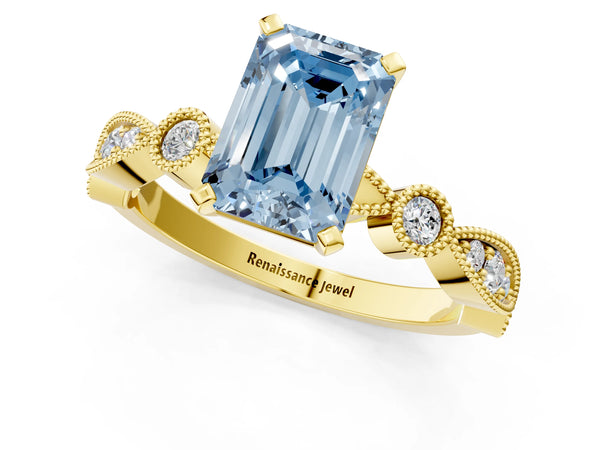 Yellow gold Fancy Blue Emerald  Milgrain Bezel Diamond Engagement Ring with Solitaire Prong Setting