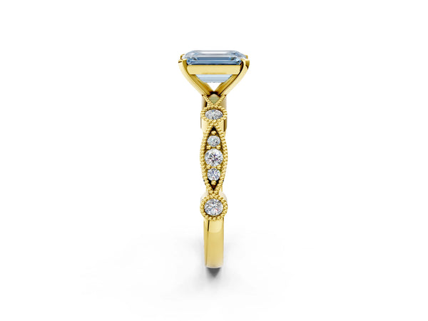 Yellow gold Fancy Blue Emerald  Milgrain Bezel Diamond Engagement Ring with Solitaire Prong Setting