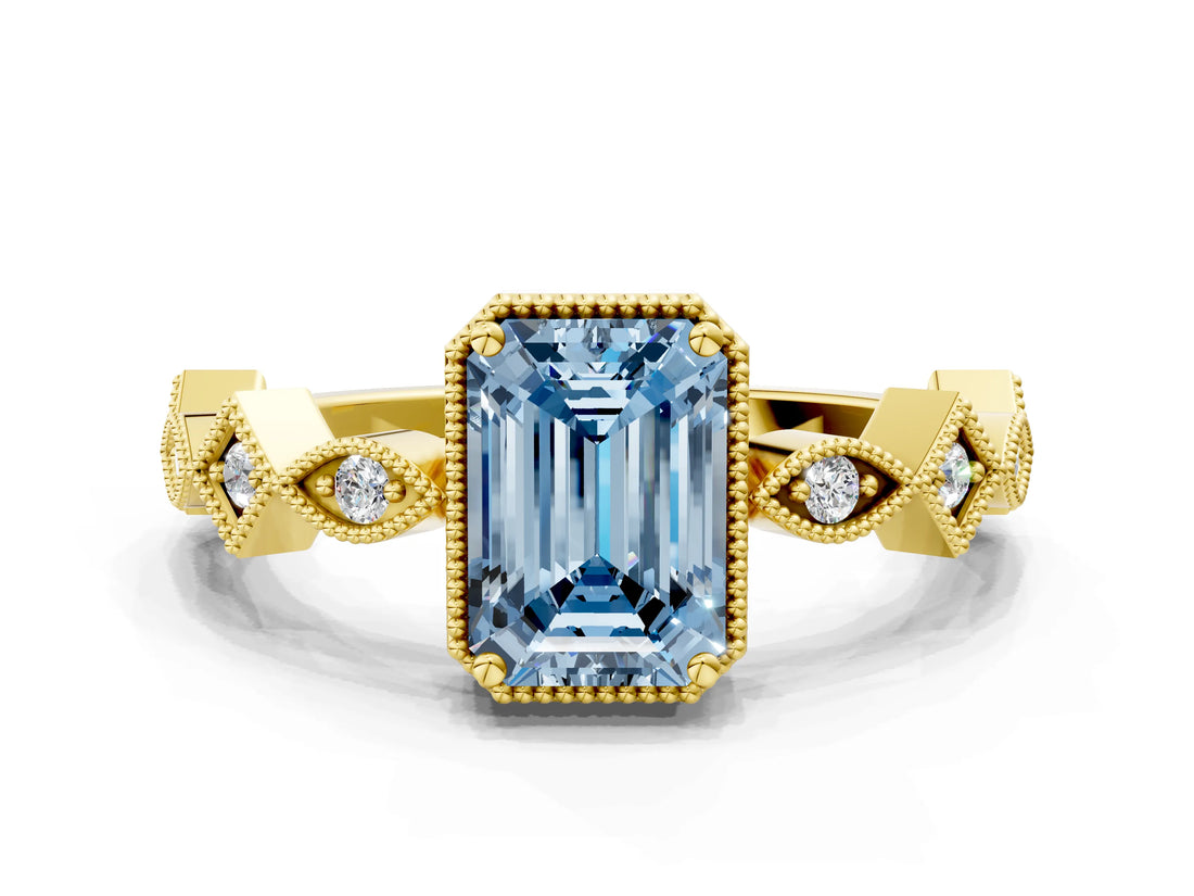 Yellow gold Fancy Blue Emerald  Milgrain Marquise Diamond Twist Band Ring_62