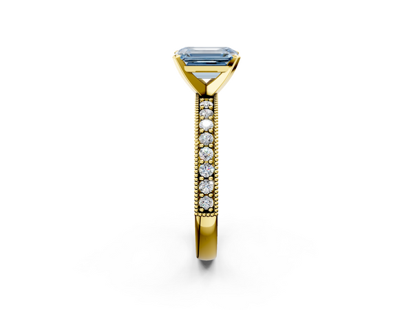 Yellow gold Fancy Blue Emerald Cut Diamond Milgrain Pavé Engagement Ring with Four-Prong Setting