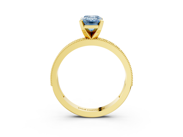 Yellow gold Fancy Blue Emerald Cut Diamond Milgrain Pavé Engagement Ring with Four-Prong Setting