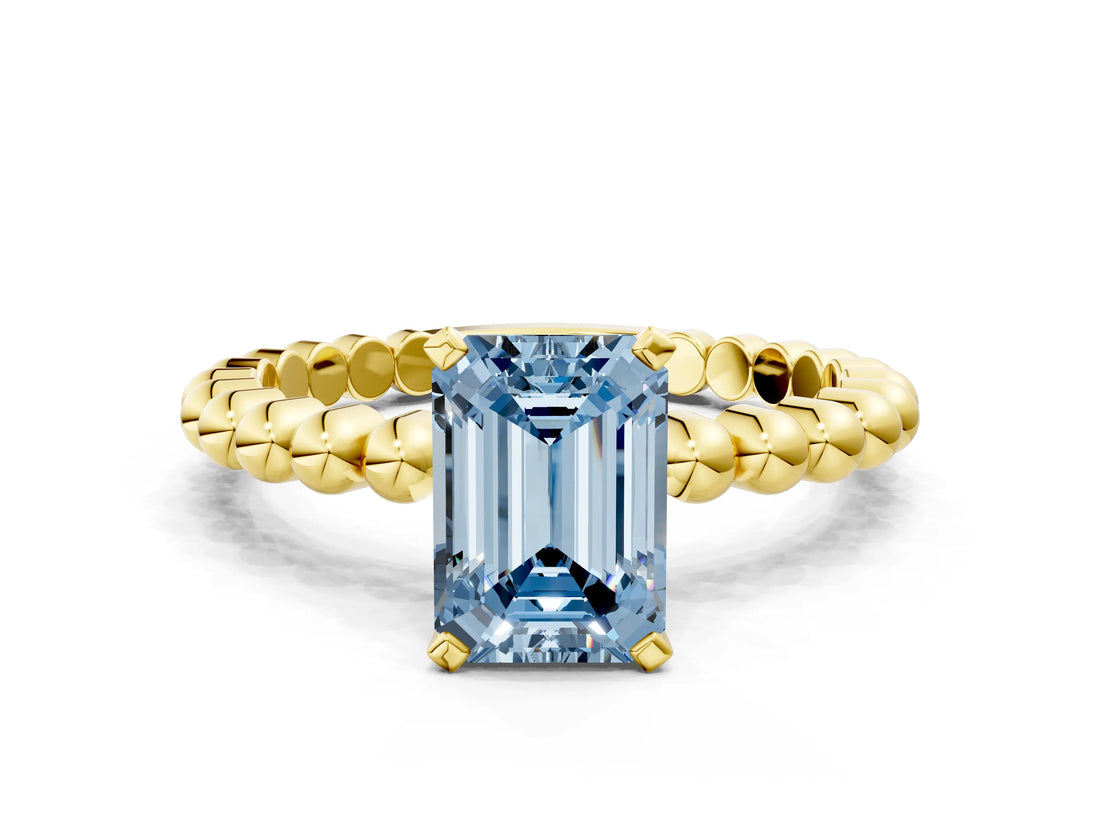 Yellow gold Fancy Blue Emerald  Solitaire Beaded Band Prong Setting Ring