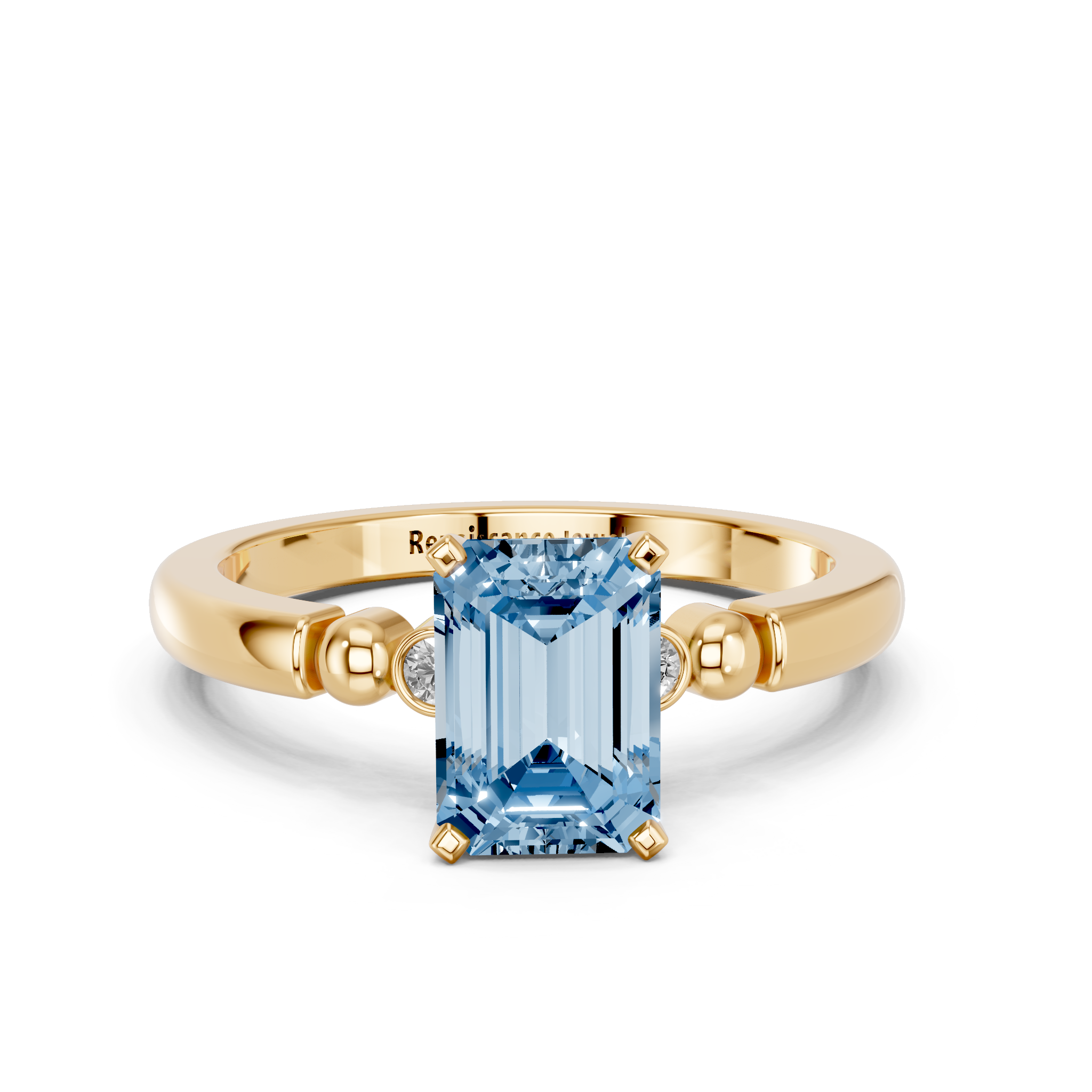 Yellow gold Fancy Blue Emerald  Solitaire Beaded Band with Four-Prong Setting_11