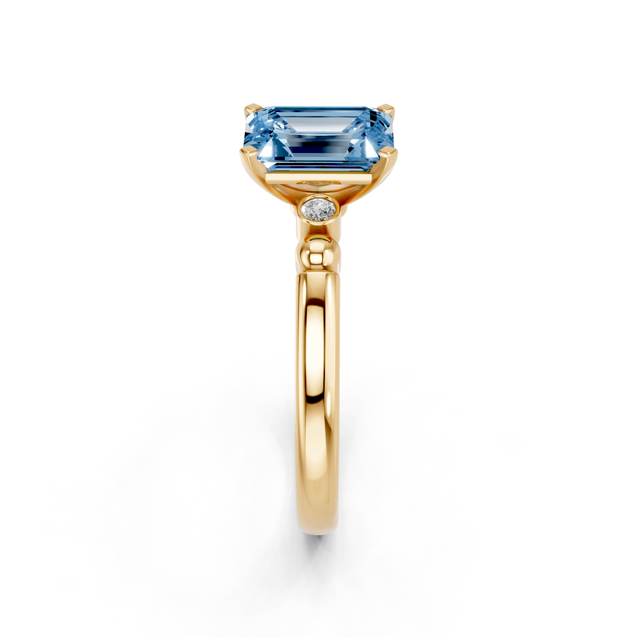 Yellow gold Fancy Blue Emerald  Solitaire Beaded Band with Four-Prong Setting_4