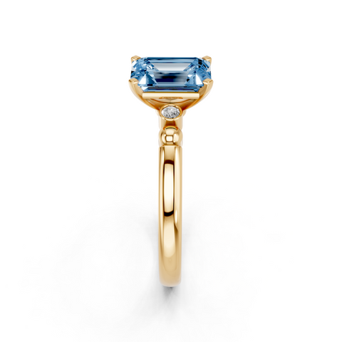 Yellow gold Fancy Blue Emerald  Solitaire Beaded Band with Four-Prong Setting_4