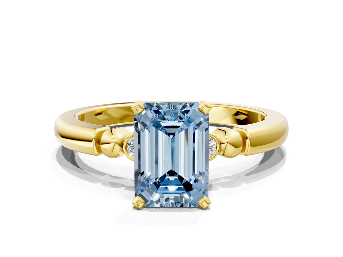 Yellow gold Fancy Blue Emerald  Solitaire Beaded Band with Four-Prong Setting_62