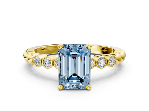 Yellow gold Fancy Blue Emerald  Solitaire Bezel Accent Diamond Engagement Ring with Beaded Band and Four-Prong Setting