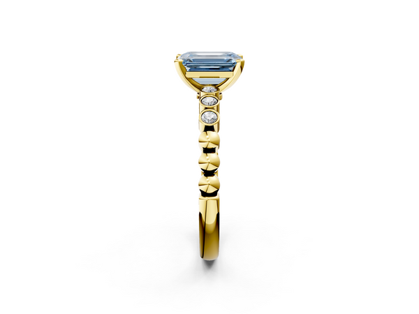 Yellow gold Fancy Blue Emerald  Solitaire Bezel Accent Diamond Engagement Ring with Beaded Band and Four-Prong Setting