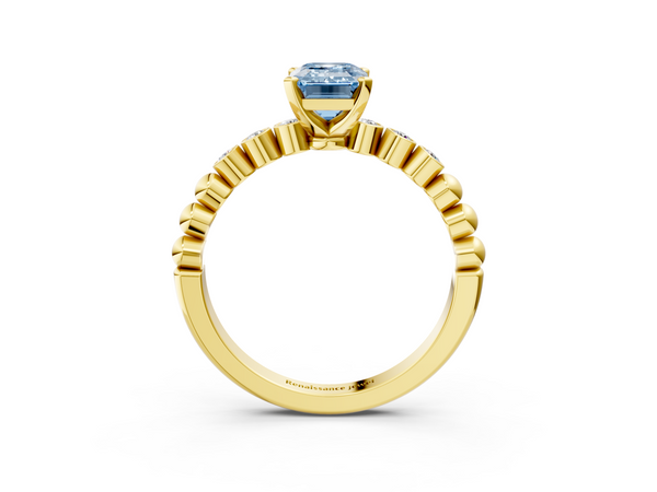 Yellow gold Fancy Blue Emerald  Solitaire Bezel Accent Diamond Engagement Ring with Beaded Band and Four-Prong Setting
