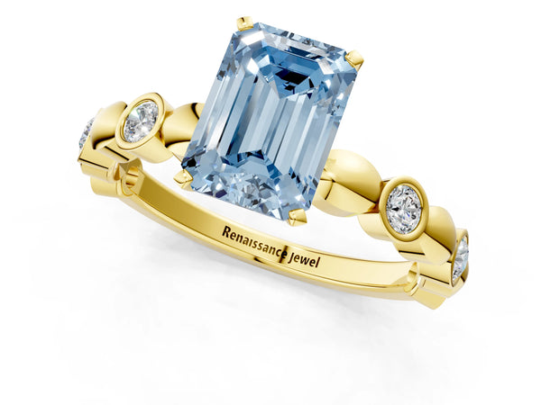 Yellow gold Fancy Blue Emerald  Solitaire Bezel-Set Diamond Ring with Beaded Band and Four-Prong Setting