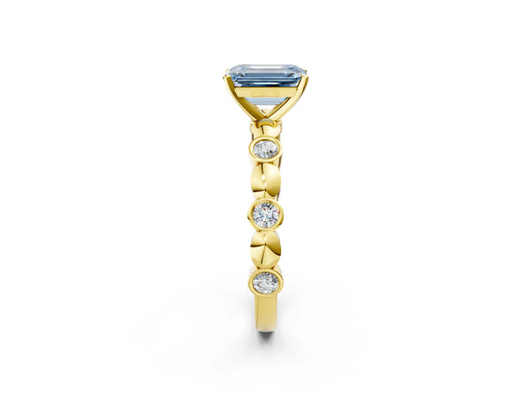 Yellow gold Fancy Blue Emerald  Solitaire Bezel-Set Diamond Ring with Beaded Band and Four-Prong Setting
