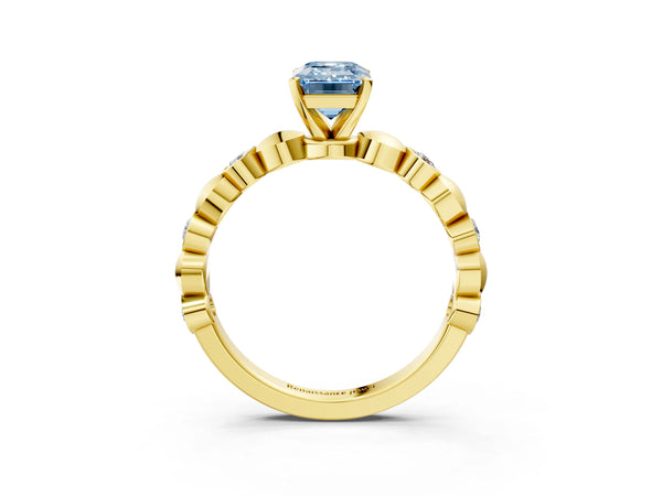 Yellow gold Fancy Blue Emerald  Solitaire Bezel-Set Diamond Ring with Beaded Band and Four-Prong Setting