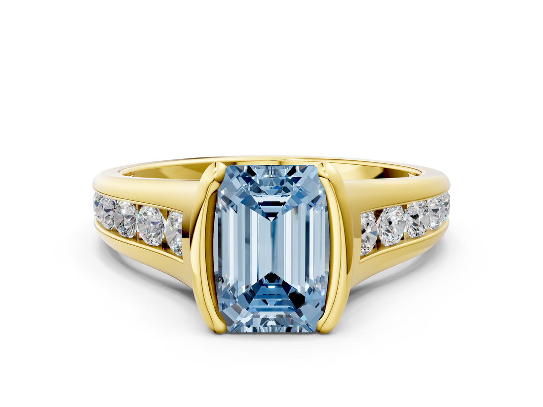 Yellow gold Fancy Blue Emerald  Solitaire Bezel-Set Diamond Ring with Channel-Set Band_37