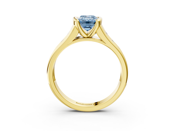 Yellow gold Fancy Blue Emerald  Solitaire Bezel-Set Diamond Ring with Channel-Set Band