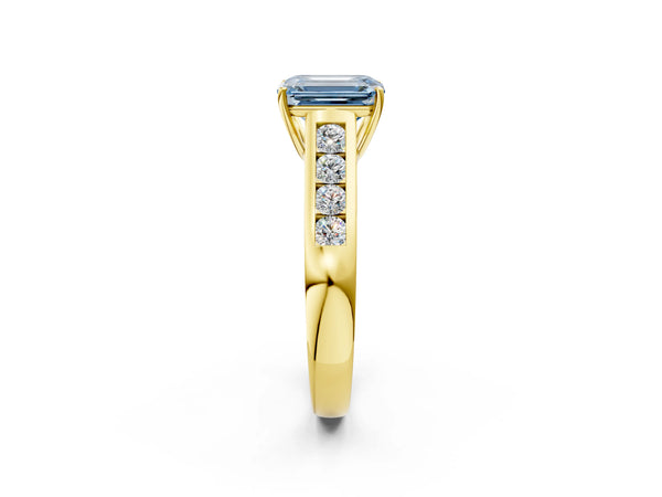 Yellow gold Fancy Blue Emerald  Solitaire Channel-Set Diamond Engagement Ring with Four-Prong Setting