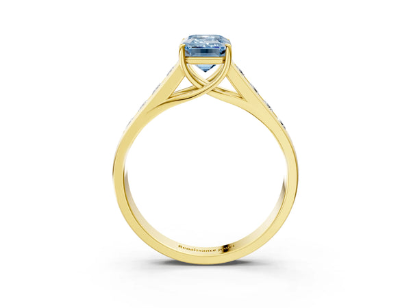Yellow gold Fancy Blue Emerald  Solitaire Channel-Set Diamond Engagement Ring with Four-Prong Setting