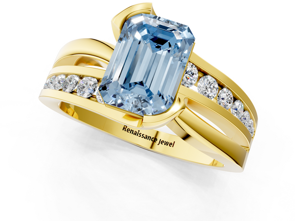 Yellow gold Fancy Blue Emerald  Solitaire Channel-Set Split Shank Ring with Tension Prong Setting