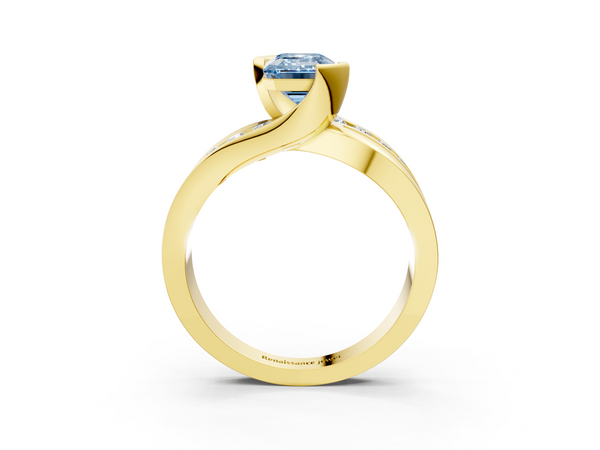 Yellow gold Fancy Blue Emerald  Solitaire Channel-Set Split Shank Ring with Tension Prong Setting