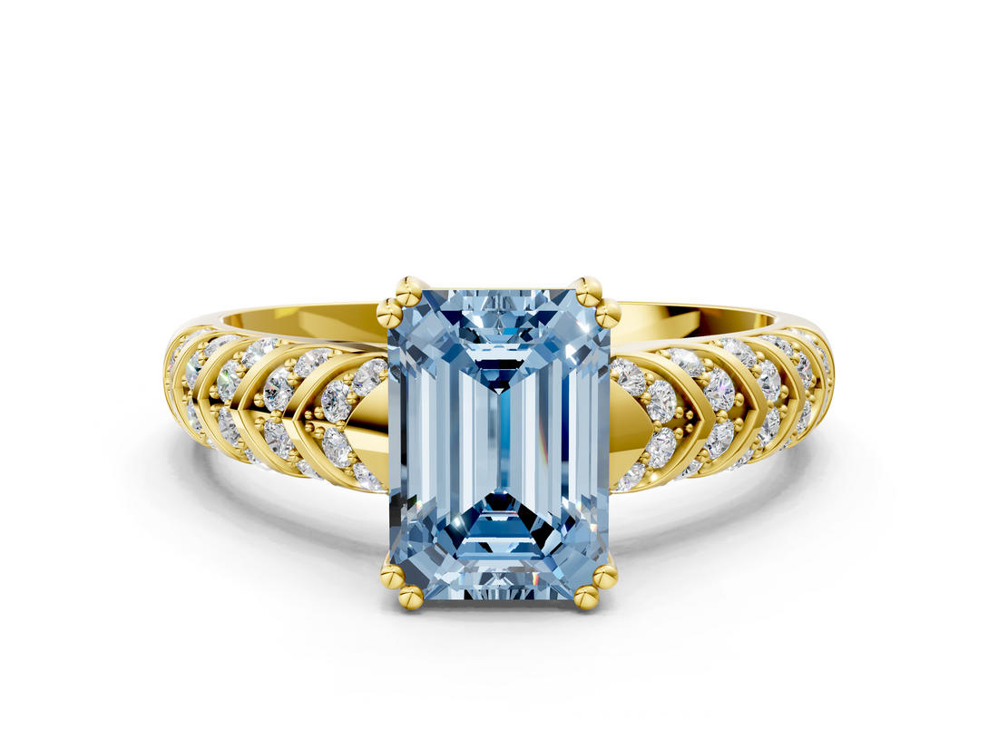 Yellow gold Fancy Blue Emerald  Solitaire Chevron Pave Diamond Engagement Ring with Six-Prong Setting_3