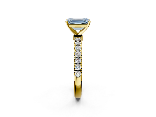 Yellow gold Fancy Blue Emerald Cut Diamond Solitaire Ring with Pavé Accents and Four-Prong Setting
