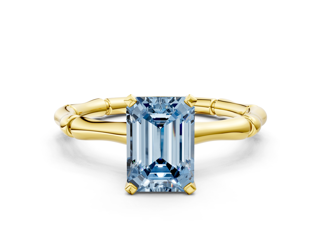 Yellow gold Fancy Blue Emerald  Solitaire Diamond Ring with Bamboo Band and Four-Prong Setting_50