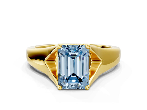 Yellow gold Fancy Blue Emerald  Solitaire Diamond Ring with Cathedral Band and Four-Prong Setting