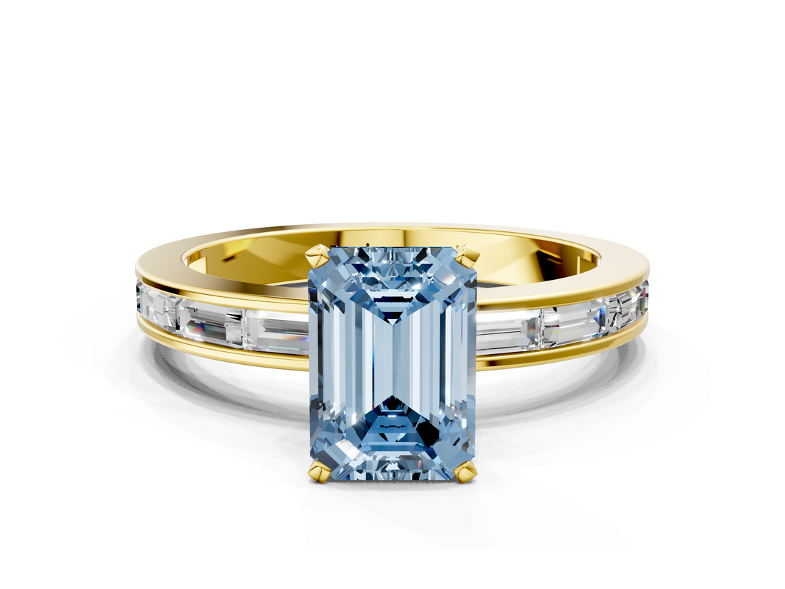 Yellow gold Fancy Blue Emerald  Solitaire Diamond Ring with Channel-Set Baguette Band and Four-Prong Setting_80
