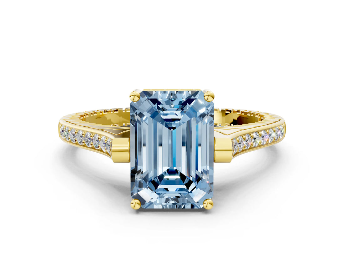 Yellow gold Fancy Blue Emerald  Solitaire Diamond Ring with Channel Set Band and Bezel Prong Setting_56