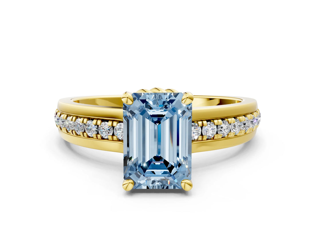 Yellow gold Fancy Blue Emerald  Solitaire Diamond Ring with Channel Set Band and Six-Prong Setting_47