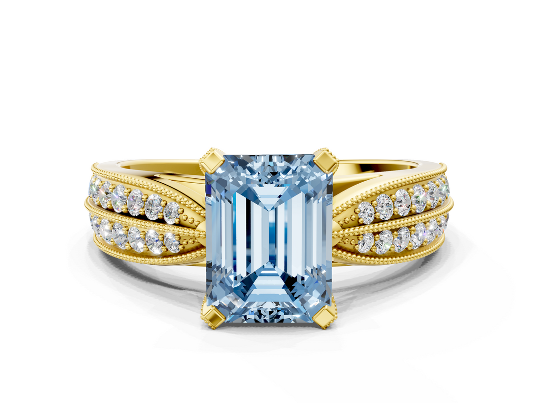 Yellow gold Fancy Blue Emerald  Solitaire Diamond Ring with Milgrain Pavé Band and Four-Prong Setting_37