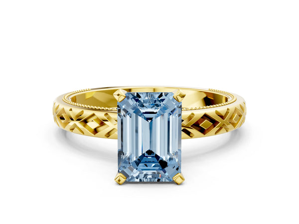 Yellow gold Fancy Blue Emerald  Solitaire Diamond Ring with Milgrain and Black Enamel X Pattern Band