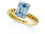 Yellow gold Fancy Blue Emerald  Solitaire Diamond Ring with Milgrain and Black Enamel X Pattern Band_78