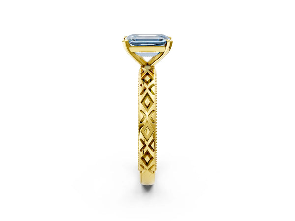 Yellow gold Fancy Blue Emerald  Solitaire Diamond Ring with Milgrain and Black Enamel X Pattern Band