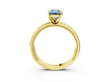 Yellow gold Fancy Blue Emerald  Solitaire Diamond Ring with Milgrain and Black Enamel X Pattern Band_80