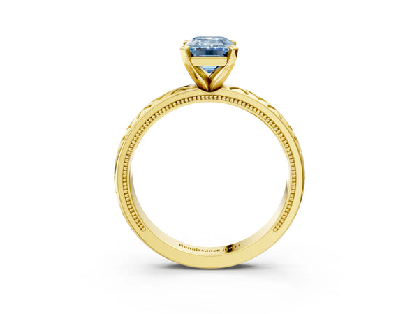 Yellow gold Fancy Blue Emerald  Solitaire Diamond Ring with Milgrain and Black Enamel X Pattern Band