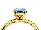Yellow gold Fancy Blue Emerald  Solitaire Diamond Ring with Milgrain and Black Enamel X Pattern Band_81