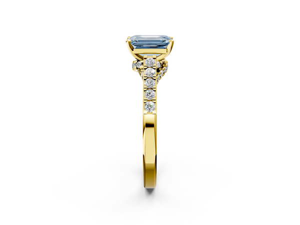 Yellow gold Fancy Blue Emerald  Diamond Solitaire Ring with Pavé Band and Prong Setting