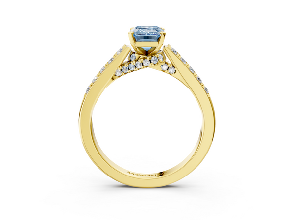 Yellow gold Fancy Blue Emerald  Diamond Solitaire Ring with Pavé Band and Prong Setting