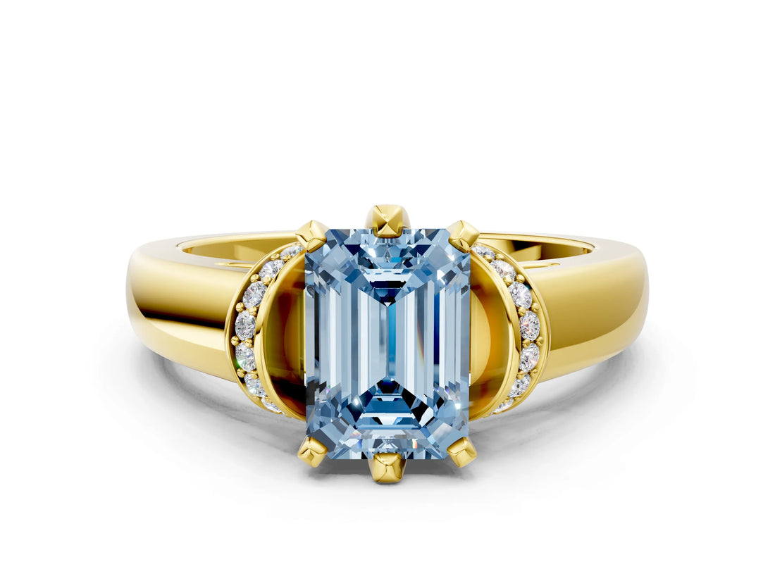 Yellow gold Fancy Blue Emerald  Solitaire Diamond Ring with Pave Band and Six-Prong Setting_32