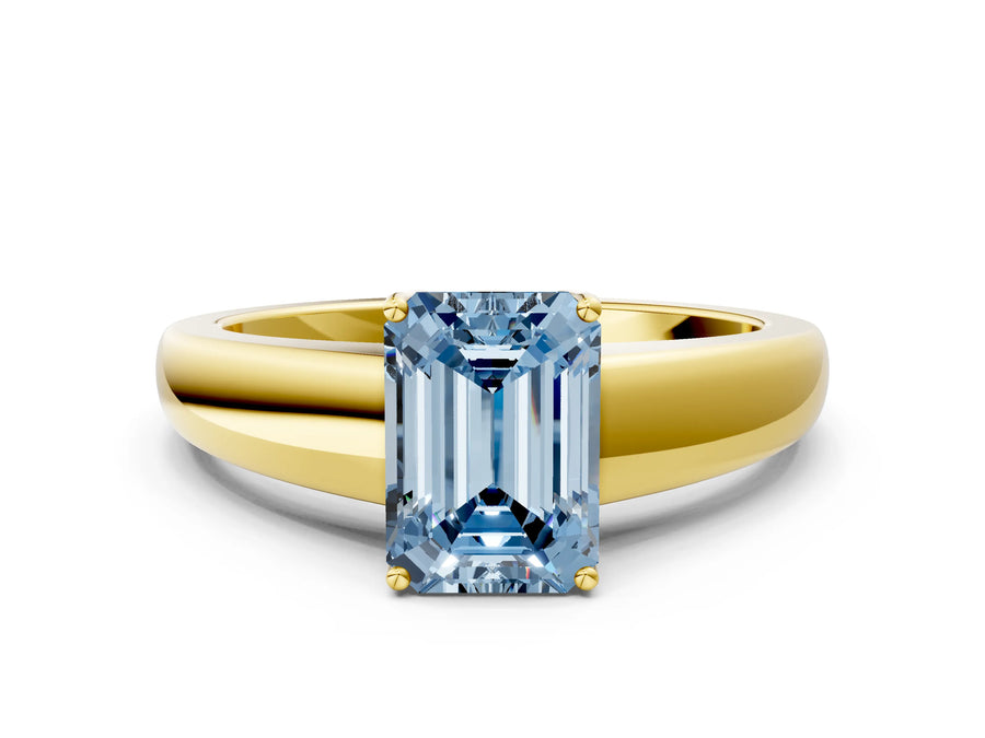 Yellow gold Fancy Blue Emerald  Solitaire Diamond Ring with Tapered Band and Four-Prong Setting