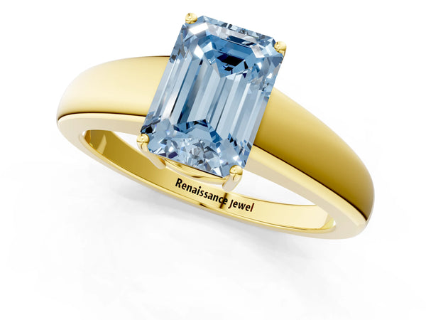 Yellow gold Fancy Blue Emerald  Solitaire Diamond Ring with Tapered Band and Four-Prong Setting