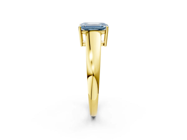 Yellow gold Fancy Blue Emerald  Solitaire Diamond Ring with Tapered Band and Four-Prong Setting