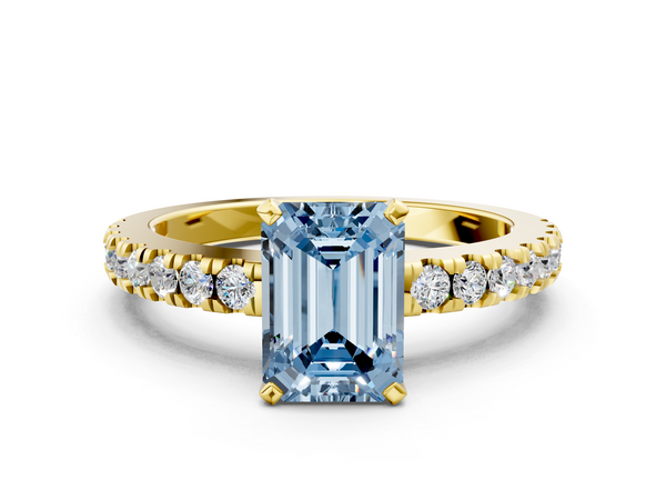 Yellow gold Fancy Blue Emerald  Solitaire Diamond with Pavé Band and Four-Prong Setting