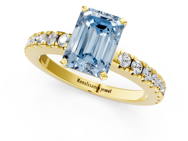 Yellow gold Fancy Blue Emerald  Solitaire Diamond with Pavé Band and Four-Prong Setting
