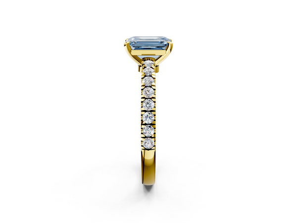 Yellow gold Fancy Blue Emerald  Solitaire Diamond with Pavé Band and Four-Prong Setting