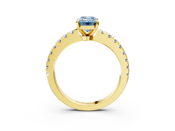 Yellow gold Fancy Blue Emerald  Solitaire Diamond with Pavé Band and Four-Prong Setting